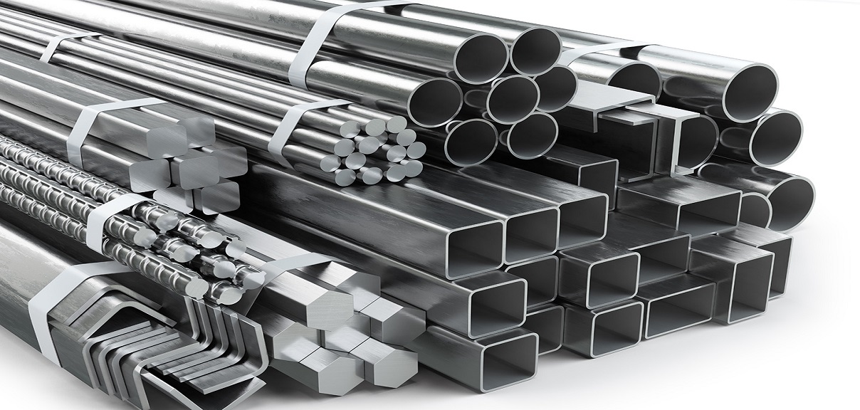 Different metal products. Stainless steel profiles and tubes. 3d illustration